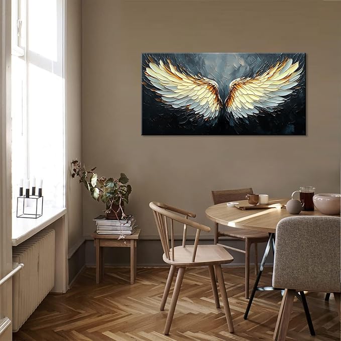 ZESTRILIA Angel Wings Wall Art for Girls Room Gold Gray Canvas Oil Painting Prints Modern Abstract Fantasy Anime Artwork Living Bedroom Office Decor (40x20 Inches)