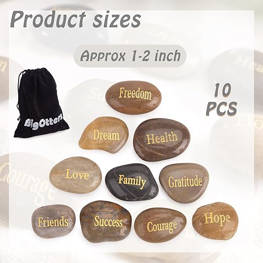BigOtters Engraved Inspirational Stones, 10 Different Words Encouragement Amulets Gift Stones for Friends and Family as Meditation Decorations Birthday or Holiday Graduation Gift (Pack of 2)