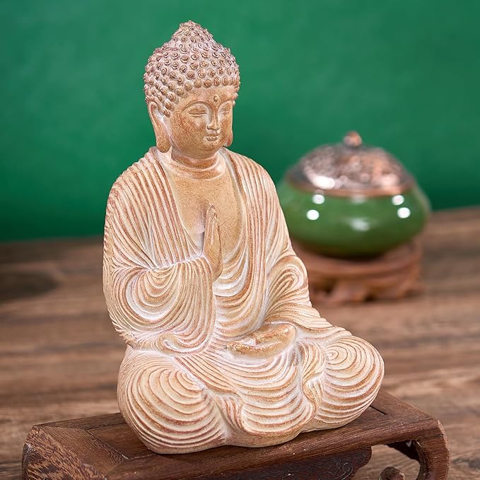 Zen Buddha Statue - Hand Carved Wood Grain Resin Meditation Decor, Feng Shui Ornament for Living Room Desk, Spiritual Space Zen Garden Decoration (Housewarming Gift/Mindfulness Aid, 7.87inch)