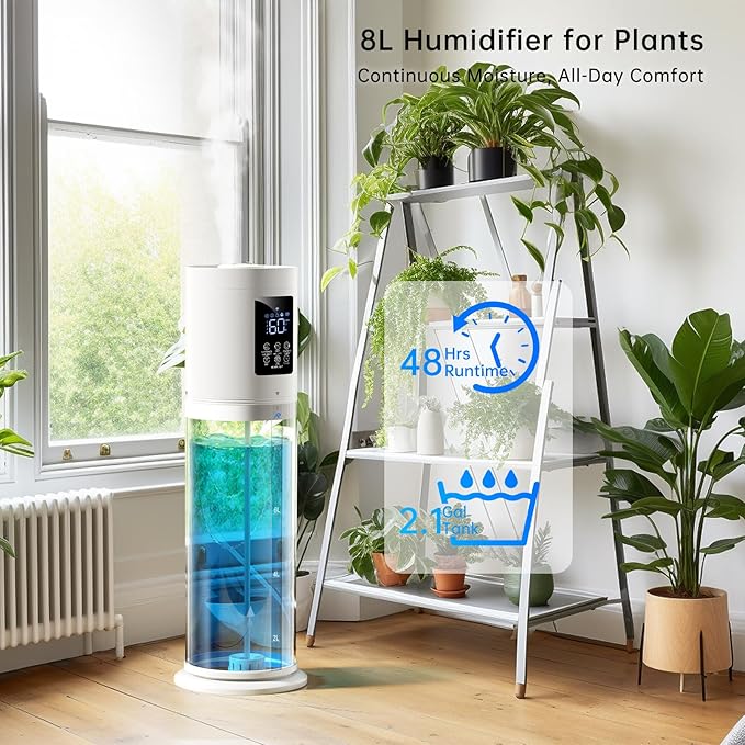 8L Smart Humidifier Large Room, Top Fill Humidifiers for Bedroom with Diffuser, 7 Color Lights, 16H Timer, Auto Mode, APP & Remote Control, 4 Levels Cool Mist Air Humidifier for Plants Home Office