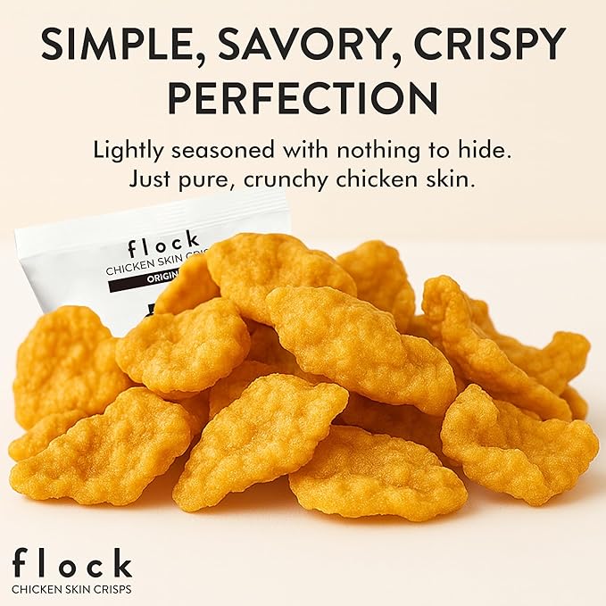 Flock Keto Chicken Skin Chips โ Original Flavor, Low Carb, High Protein, Gluten-Free Chicken Crisps, Keto Snack, Low Carb Chips, Protein Crackers, Diet Snacks, 8-Pack (1oz)