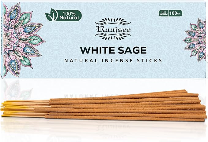 Raajsee White Sage Incense Sticks, 100%-Natural Charcoal Free Organic Non Toxic Clean Burning Handmade Insence Sticks 100 gm Pack, Meditation Gifts – Spritual Cleansing
