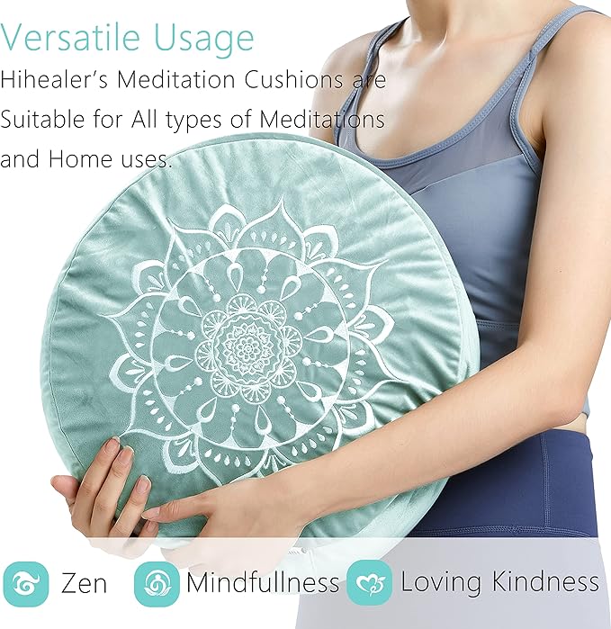 Hihealer Meditation Cushion - Large Velvet Zafu Floor Pillow for Adults and Women - Comfortable Yoga Pillow with Traditional Tibetan Buckwheat Filling for Meditation and Relaxation
