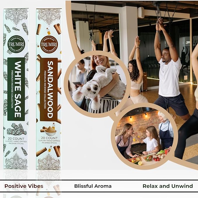 Trumiri Incense Sticks - Combo Pack of 40 Insence-Sticks - 20 White Sage + 20 Sandalwood - Insenses - Insents - Incents - Inscense - Incence - Incienso - All Natural Incense Sticks