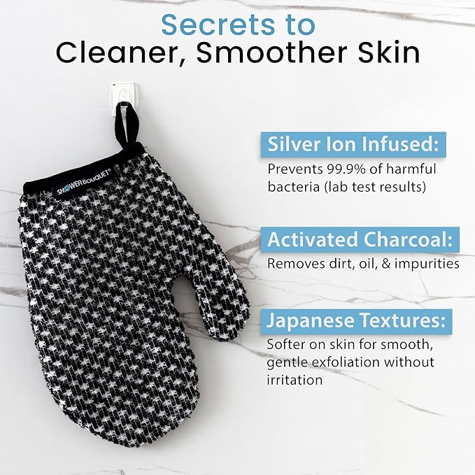 Japanese Exfoliating Mitt 2-Pack - Charcoal & Silver Ion Exfoliating Gloves for Shower - Soft Inner Fabric Gentle Exfoliation & Deep Cleansing Body Scrub Gloves for All Skin Types - 1 White, 1 Green