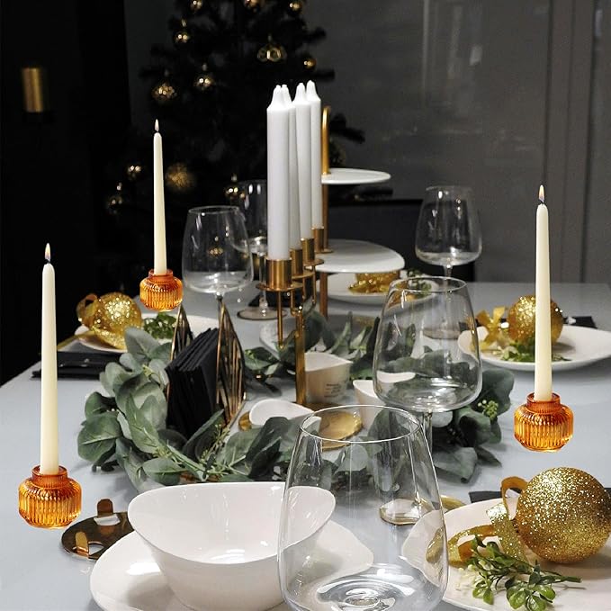 Woho Candlestick Holders Set of 8 for Taper/Votives/Tealight Candles, Amber Taper Candle Holders for Fall Wedding Decor, Ribbed Glass Candle Sticks Holder Decor for Dinner Table/Holiday Party