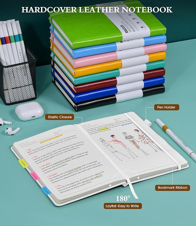 Lined Journal Notebook for Writing, A5 100 GSM Thick Paper, Leather Hardcover Journal for Woman Men, Travel Journal Diary 160 Pages(5.75'' X 8.38'' White)