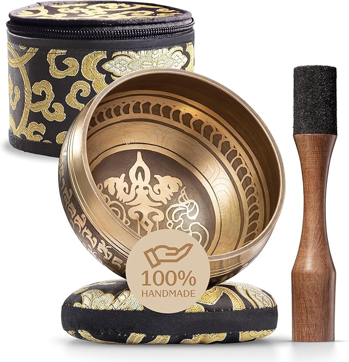 Handmade Tibetan Etched Singing Bowl Set with Case – Meditation Bowl & Sound Bowl with Cushion, Mallet & Guide – Portable Meditation Kit – Therapeutic Sound Devices – Yoga Accessories for Relaxation