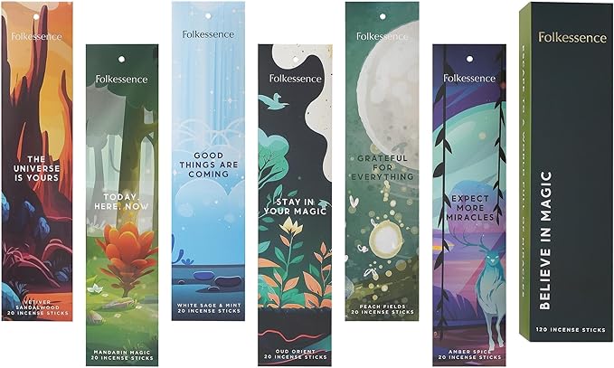 Folkulture Incense Sticks | Set of 6 (120 Non Toxic Insence-Sticks) with 45 Mins Burn Time | White Sage, Sandalwood, Oud Orient, Amber Space, Peach Fields | Organic Inscents-Stick Gift for Her