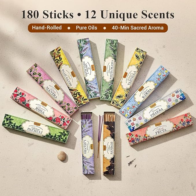 Tulasi Incense Sticks Set of 12 Scents (180 Sticks) Variety Natural Fragrances - Lavender, White Sage, Patchouli, Rose, Chakra, Mantra, Sandalwood, Palo Santo, Fruit for Positive Vibes, Thanks Giving