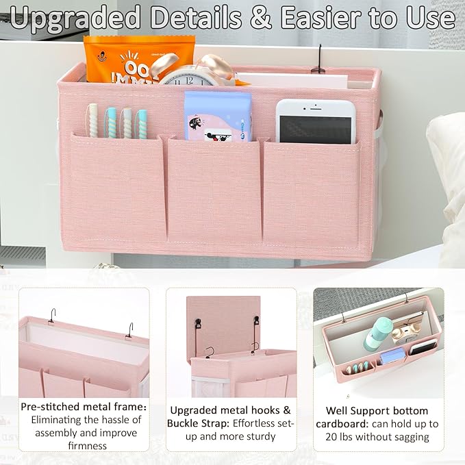 Dual-purpose Bedside Caddy Bedside Organizer, Bed Caddy with 6 Pockets, Versatile Bedside Storage Solution Magazine Remotes holder, ideal for Home, Dorm, Hospital, Crib Bed (Pink 2pcs)