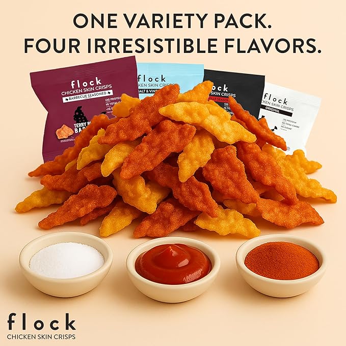 Flock Keto Chicken Skin Chips | 4 Flavors Variety Pack | Low Carb, High Protein, Sugar Free, Gluten Free Fried Chicken Skins for People | (1oz) 8-Pack Crispy Flock Chips