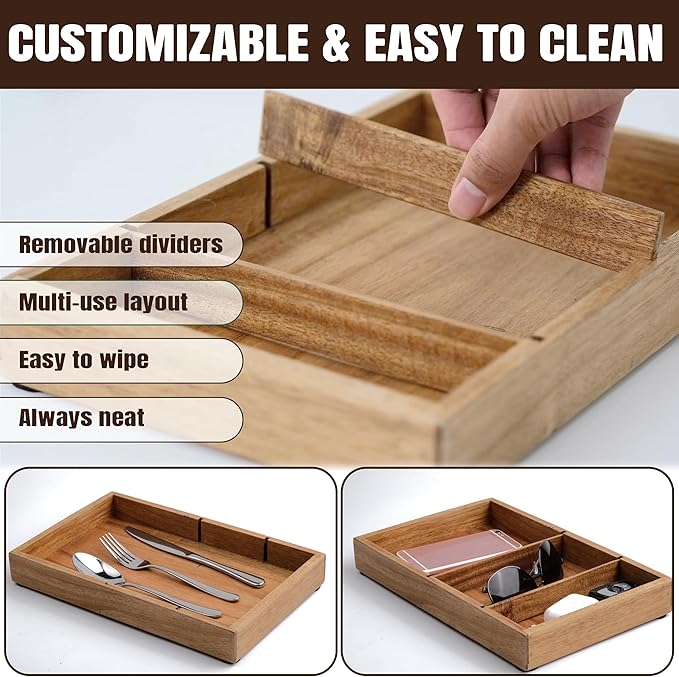 Wooden Valet Tray for Men – 12.2x7.9 in Acacia Catchall EDC Dump Tray with Removable Dividers, Nightstand Organizer for Keys, Wallet, Phone, Watch, Office Accessories
