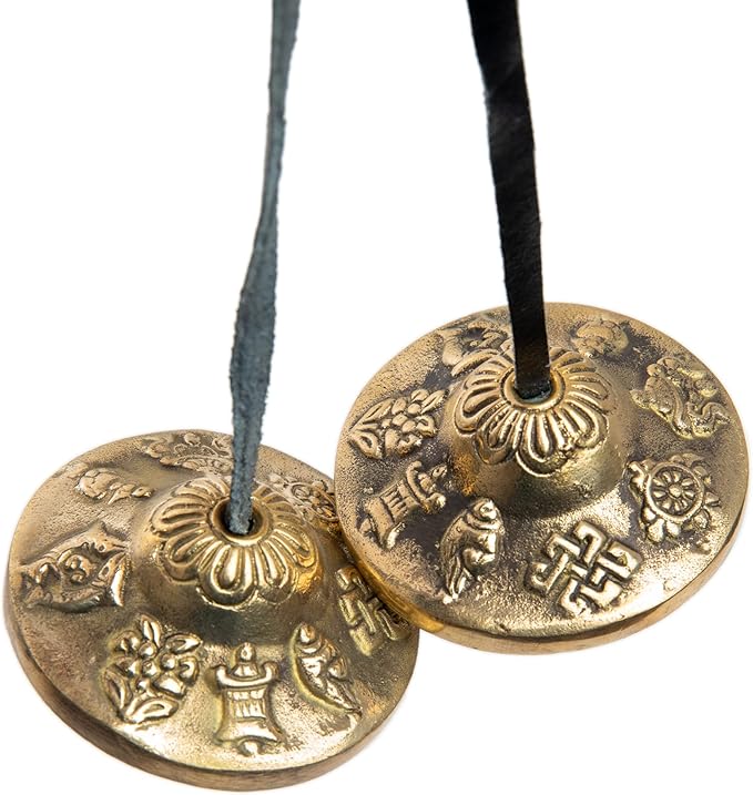 Tingsha Cymbals Bells - Easy To Play - Meditation Mindfulness Chime For Chakra Healing Spiritual Dharma Gifts Handcrafted Tibetan By Himalayan Bazaar (Asta Mangal)