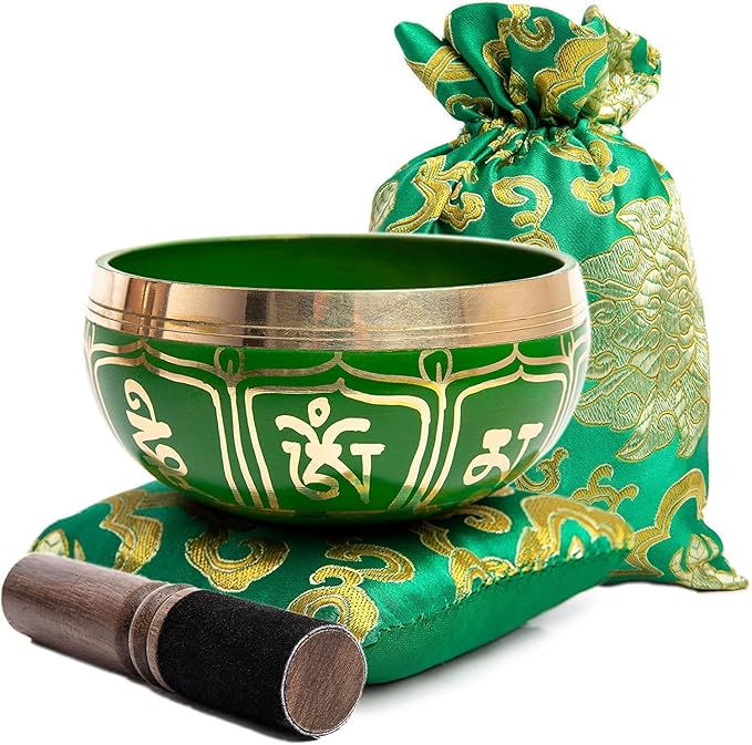 Tibetan Singing Bowl Set - Authentic Handcrafted Mindfulness Meditation Holistic Sound 7 Chakra Healing by Himalayan Bazaar (Emerald)