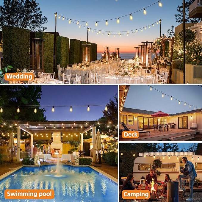 Brightever 200FT Outdoor String Lights with Remote, 2700K/4000K/5000K Selectable LED String Lights for Outside with 100+4 ST38 Edison Bulbs, 3 Modes Dimmable Patio Lights Waterproof for Camping, Deck