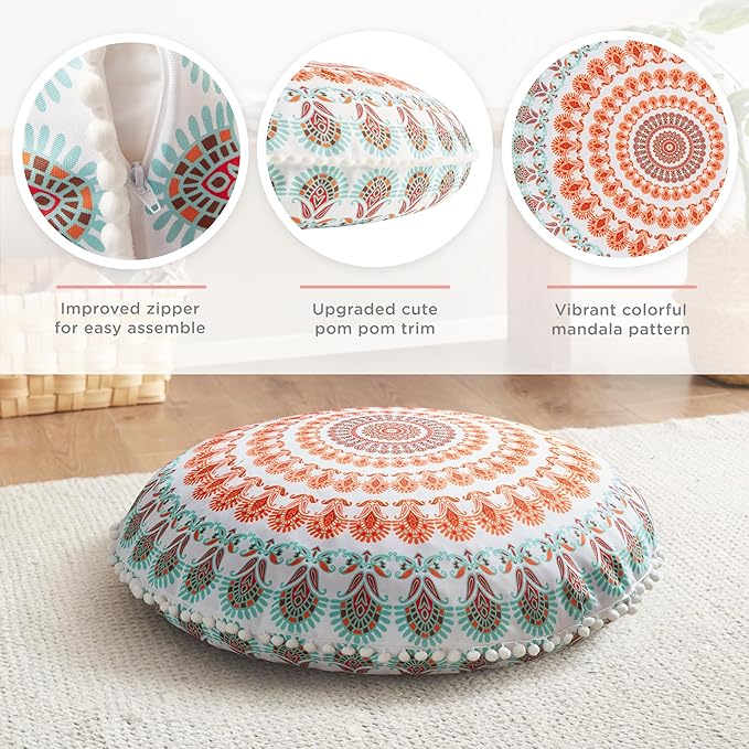 Codi Floor Pillows for Adults Set of 2, Large Boho Meditation Cushions with Memory Foam, Round Mandala Seating for Outdoor Yoga and Living Room, Washable, 32 Inch, Coral