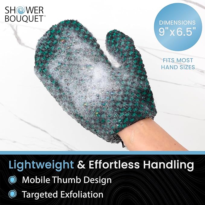 Japanese Exfoliating Mitt 2-Pack - Charcoal & Silver Ion Exfoliating Gloves for Shower - Soft Inner Fabric Gentle Exfoliation & Deep Cleansing Body Scrub Gloves for All Skin Types - 1 White, 1 Green