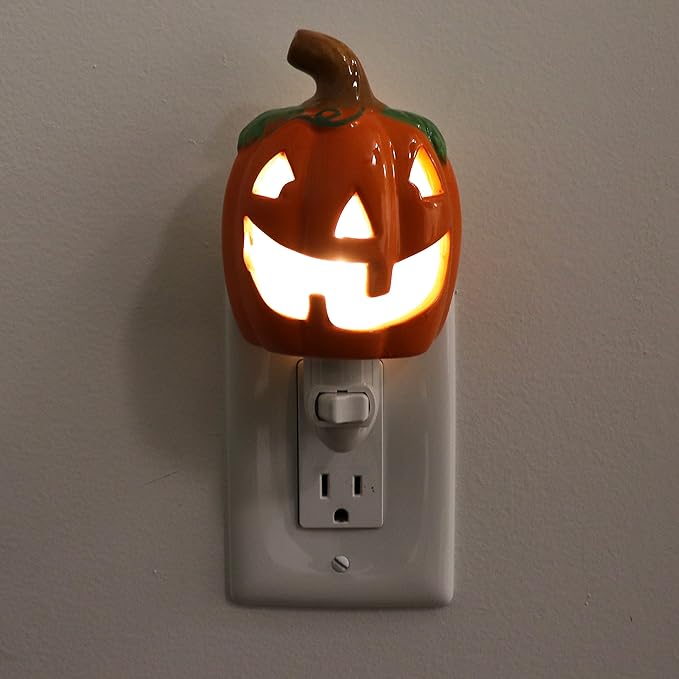 Milltown Merchants Ceramic Pumpkin Night Light - Plugin Night Light with Lights - Mini Christmas Tree Decorative Light