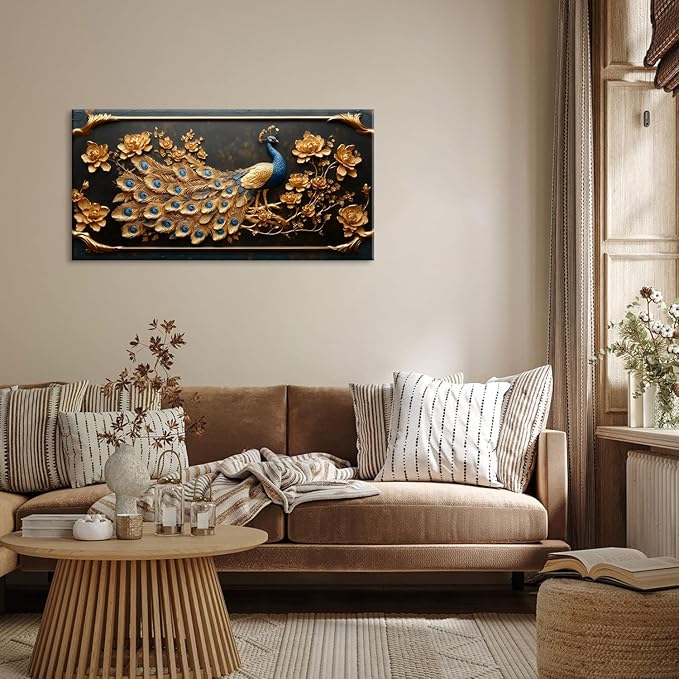 ZESTRILIA Pretty Peacock Wall Art for Living Room Office Gold Country Rustic Retro Asian Canvas Painting Prints Golden Vintage Elegant Peackock Artwork Dining Bedroom Decor (40x20 Inches)