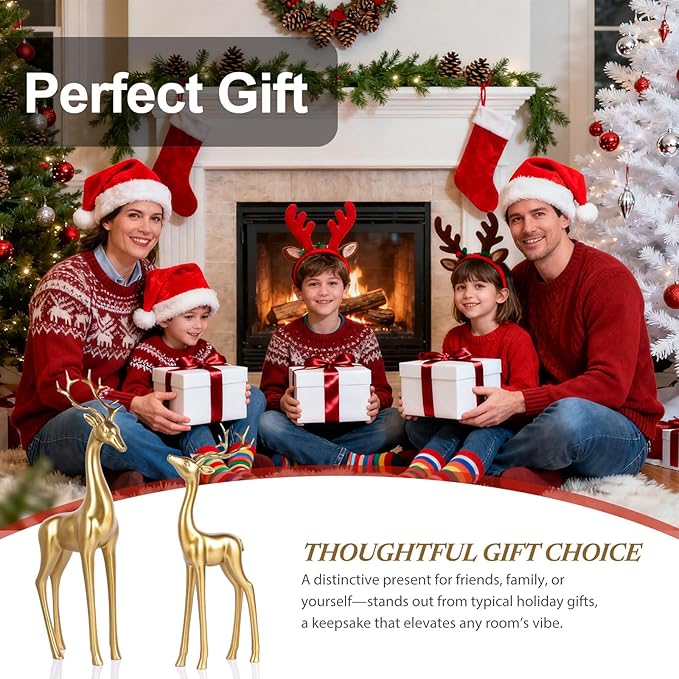 QIANLING 2Pcs Large Gold Reindeer Figurines Christmas Decorations - 13" Tall Resin Deer Statues for Tabletop, Mantel, or Shelf, Indoor Gold Reindeer Sculpture Ornaments for Home Decor