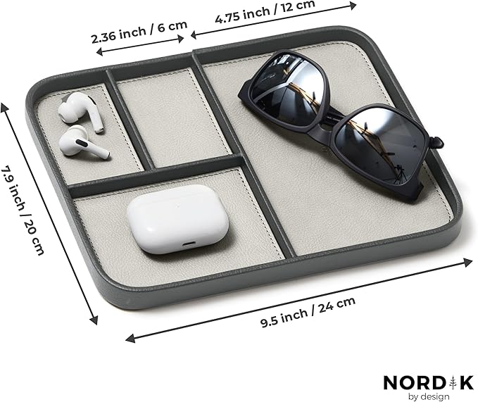 Nordik Leather Valet Tray - Sahara Gray - Premium Vegan Leather Stylish and Organised Nightstand Tray for Men - EDC Catchall Tray for Keys, Watch, Wallet, Jewellery - Modern Bedside Caddy