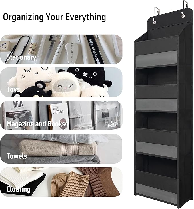 Over Door Organizer with 4 Large Capacity Pockets, Heavy Duty Hanging Organizer Storage for Closet Bathroom Nursery Bedroom Dorm, Toys Cosmetics Sundries and Baby Essentials, Black