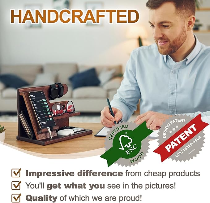 TESLYAR Wood Phone Docking Station for Men - Desktop or Nightstand Organizer - Birthday Gifts for Men, Dad - Anniversary Idea from Wife - Key Holder, Stand Wallet, Watch & Essentials (Bourbon Brown)