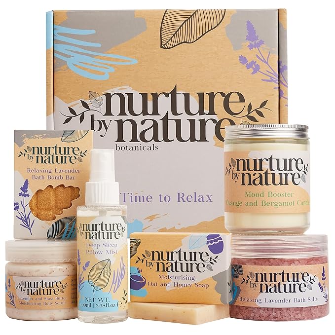 Nurture by Nature RELAX & CALM Spa Kit - Birthday Gifts for Women - Spa Gift Baskets For Women, 6-in-1 Self Care Kit, Bath Sets Gift - Lavender Pillow Mist, Bath Salts, Body Scrub, Bath Bomb