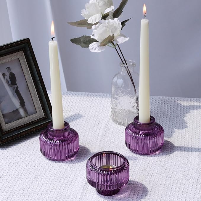 Woho Purple Candlestick Holders Set of 4 for Halloween Decorations, Ribbed Glass Taper Candle Holders for Thanksgiving/Christmas, Vintage Candle Sticks Holder Decor for Fall Wedding Table Centerpiece