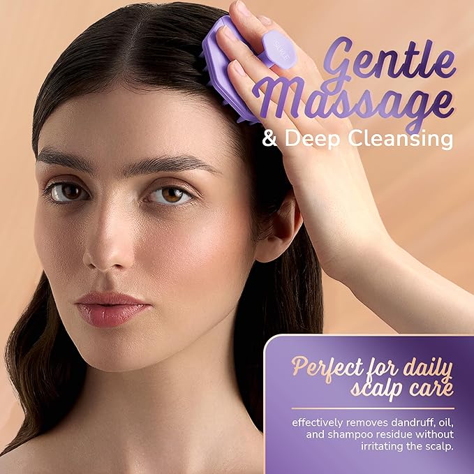 Silicone Scalp Scrubber - Massage Shampoo Brush, Soft Bristles for Hair Growth & Dandruff Removal - Ergonomic Design, Wet & Dry Use, Deep Cleansing Scalp Exfoliator for All Hair Types - Purple