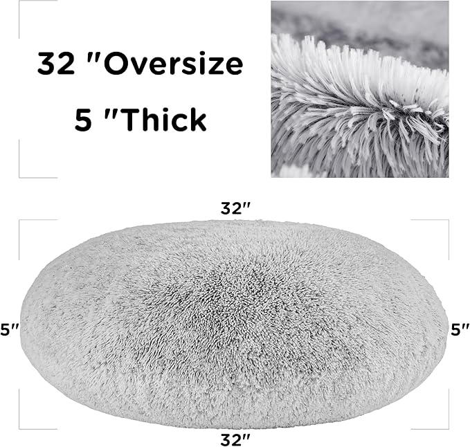 Codi Faux Fur Floor Pillows, Fluffy Large Round Cushions Sitting for Adults, Decorative Fuzzy Pillow for Fireplace, Living Room, Christmas, 32 Inch, Light Grey