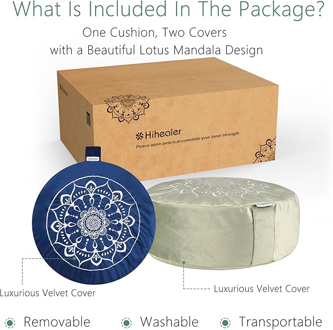 Hihealer Meditation Cushion, Traditional Tibetan Meditation Pillow Velvet Cover - Large Floor Cushion Seating for Adults - Yoga Buckwheat Bolster for Women、Moms