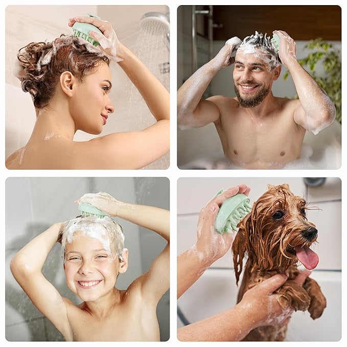 HEETA Scalp Scrubber Shampoo Brush, Scalp Massager Tool for Hair Growth, Soft Silicone Bristles for Dandruff Removal Wet Dry Use Women Men Kids Pet, Fit All Hair Types Care, Green