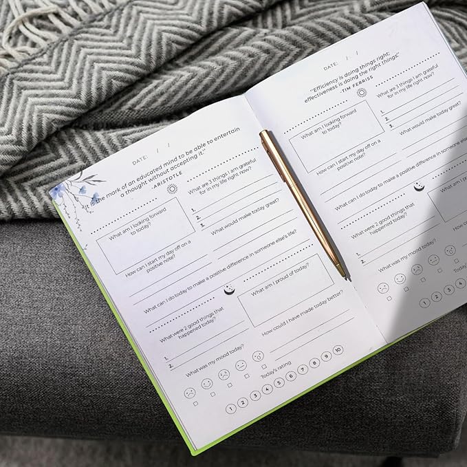 Gratitude Journal, Daily Reflection Journal for More Happiness, Mindfulness & Affirmation, Self Care Journals for Women & Men, 6 Inspirational Stickers and Ballpoint Pen, Green