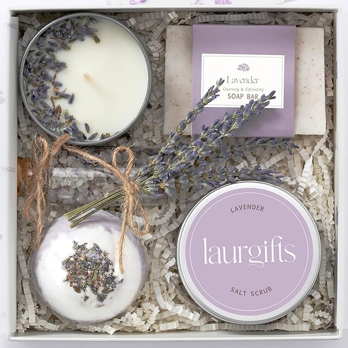 Small Lavender Spa Gift Box for Women – Relaxing Self Care Set with Candle, Bath Bomb, Soap & Scrub – Birthday, Thank You, Christmas, Housewarming, Bridal Shower, Get Well Soon Gifts for Her