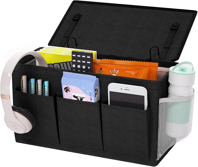 Dual-purpose Bedside Caddy Bedside Organizer, Bed Caddy with 6 Pockets, Versatile Bedside Storage Solution Magazine Remotes holder, ideal for Home, Dorm, Hospital, Crib Bed (Black)