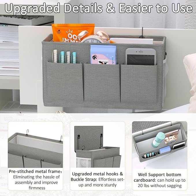 Dual-purpose Bedside Caddy Bedside Organizer, Bed Caddy with 6 Pockets, Versatile Bedside Storage Solution Magazine Remotes holder, ideal for Home, Dorm, Hospital, Crib Bed (Grey 2pcs)