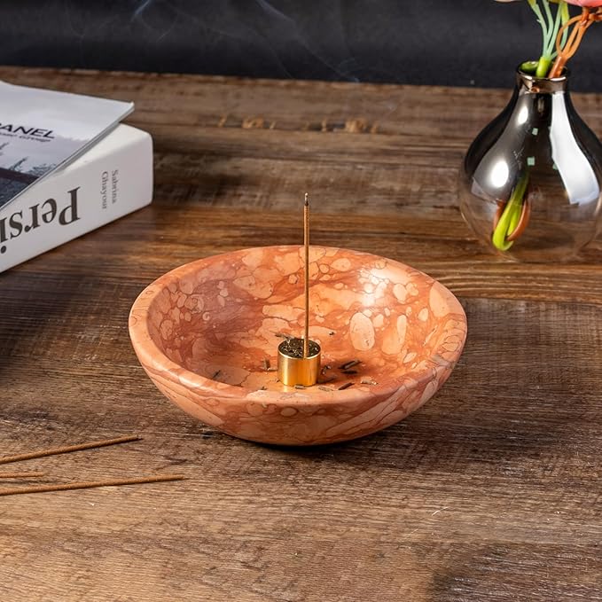Koville Natural Marble Incense Holder, Incense Holder for Sticks with 9 Holes, Handmade Incense Burner Ash Catcher for Meditation Yoga SPA, Balsam Fir/Palo Santo/Sage/Cone (Red)