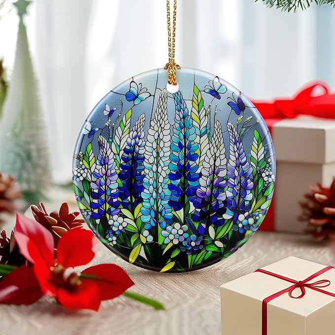 Lupine with Butterfly Ornament Ornament โ Christmas Decoration & Christmas Ornament; Round Ceramic (Holiday Present, Bauble Present, Gift Idea, and Gift Exchange) | Heirloom Keepsake