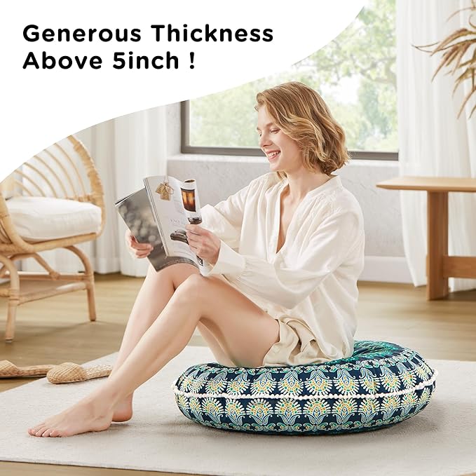 Codi Meditation Floor Pillow Set of 2, Round Large Pillows Seating for Adults, Bohemian Mandala Circle Cushions for Outdoor Fireplace Yoga Living Room, 32 Inch, Memory Foam Added, Green