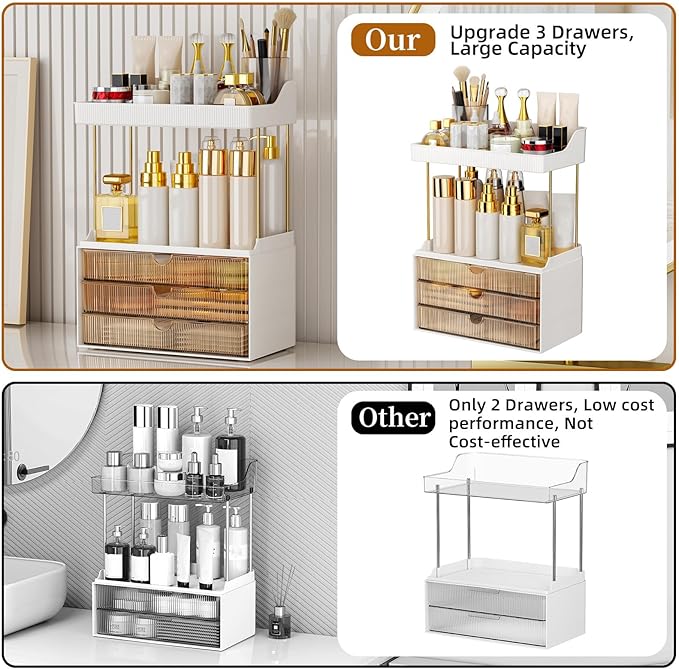 3 Drawers Makeup Organizer - 5 Tier Bathroom Organizers and Storage, Versatile Perfume Vanity Organizer, Ideal for Cosmetic, Large Skincare, Face Mask, Office Supplies, Amber