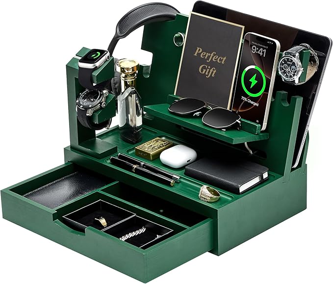 Nightstand Organizer for Men with Large Drawer, Birthday Gifts for Men, Phone Docking Station, Bedside Organizer for Nightstand for Apple Watch, Laptop (Olive Green, Solid Wood)