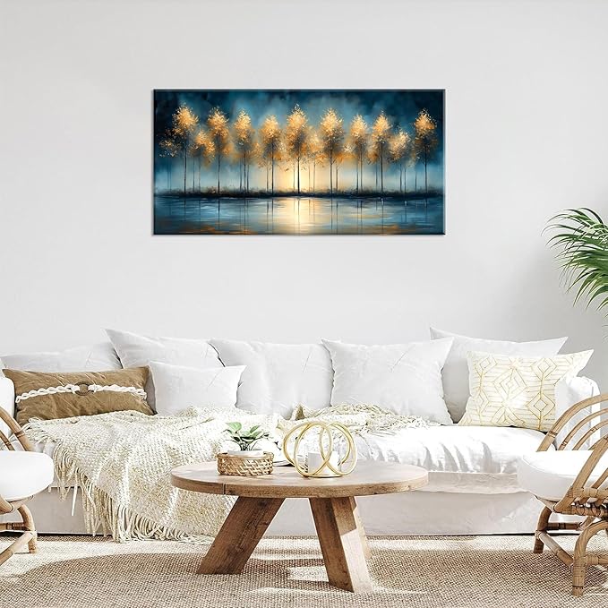 ZESTRILIA Golden Trees Wall Art Impression Canvas Abstract Sunset Oil Painting Reproduction Print Artwork Landscape Picture for Living Room Bedroom Home Office Kitchen Décor (23x46inch)