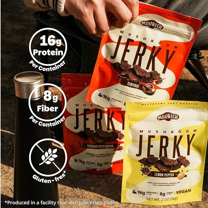 Mourish Mushroom Jerky, Plant Based Meatless Jerky, Variety Pack, Low Fat, High-Fiber Protein Mushroom Vegan Snacks for Outdoor, Travelling, Office, School, 12 Pack