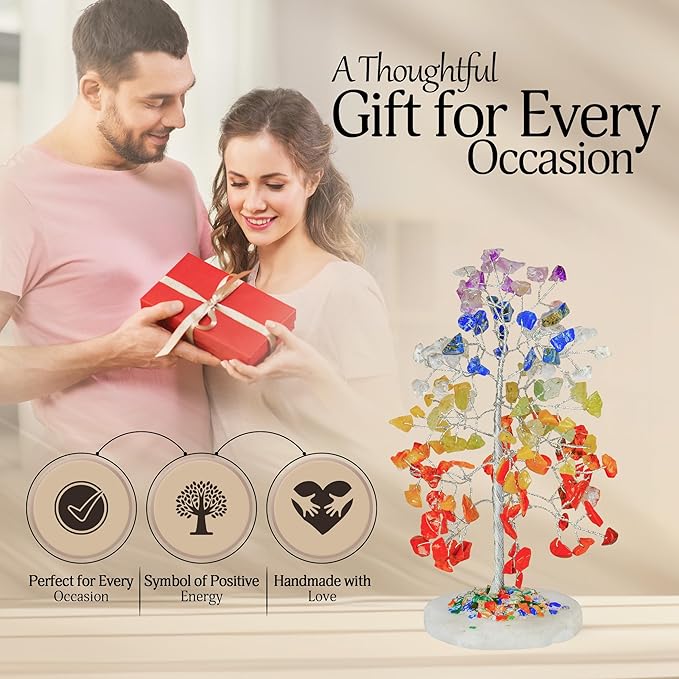 Chakra Tree of Life - Wrapped On Natural Geode Agate Slice Base, w/ Tree of Life Necklace - Chakra Decor, Crystals and Healing Stones, Feng Shui Tree, Seven Chakra Tree, 7 Chakra Tree, Bonsai Tree