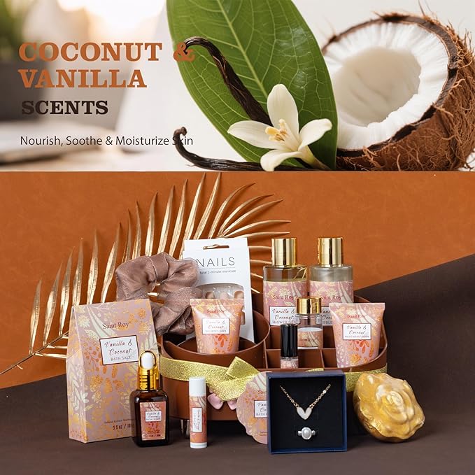 Luxury Gifts for Women, 16 Pcs Spa Gifts for Woman of Coconut Vanilla Scents Skin Care Kit, Facial Kit with Face Day Cream, Night Cream, Skincare Set, Christmas Gifts for Women in Makeup Storage Box