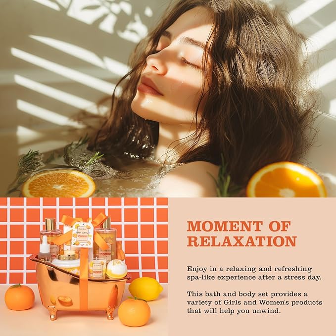 Orange Scents spa gift set Great Gift Lemon Spa Gifts for girls, Body care Set Birthday Gifts, Gift Baskets for Woman, 11pcs Bath Gift Set for Women, Christmas Gifts for Women Citrus Spa Gift Basket