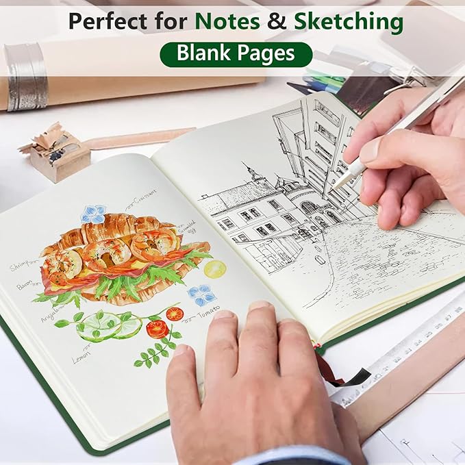 Blank Journal Ntebook for Men & Women, 160 Pages Blank Journals for Writing, Drawing,Sketch Book,5.9" x 8.5" Leather Sketchbook, Unlined Notebook for Work, School, Art - Green
