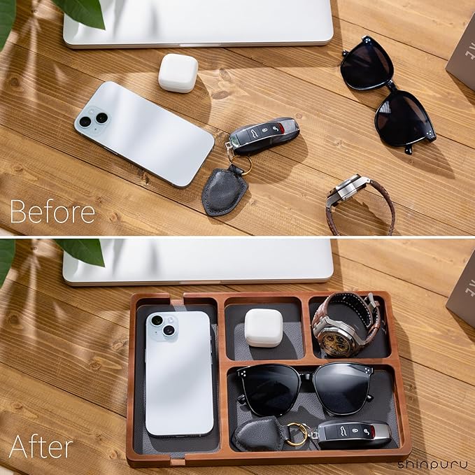 Shinpuru Wooden Valet Tray with Leather Inlay - Nightstand & Desk Organizer - EDC Essentials Catchall Tray for Keys, Phone, Wallet, Watch, Earbuds - Stylish Storage (Wood)